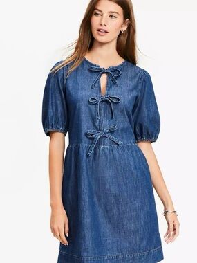 LOFT Blue Denim Tie-Front Puff Sleeve Mini Dress
